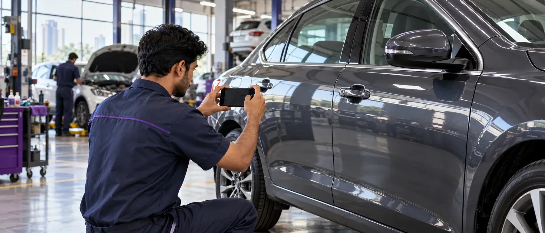 A technician photographing completed repair work
