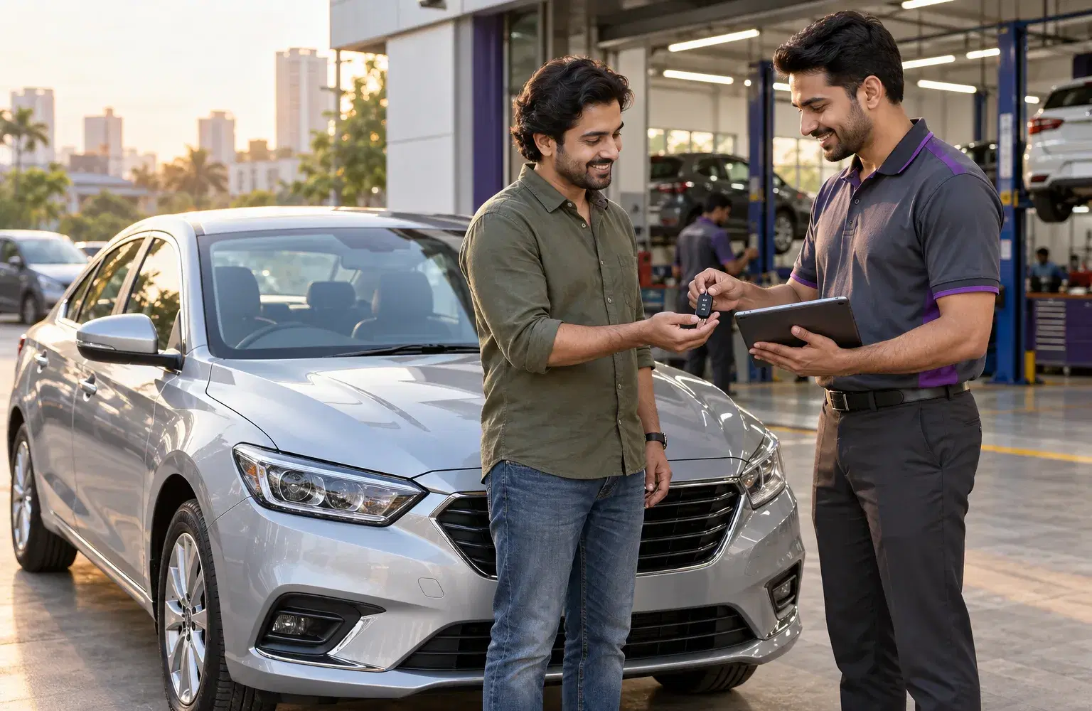 A customer receiving the repaired car at handover