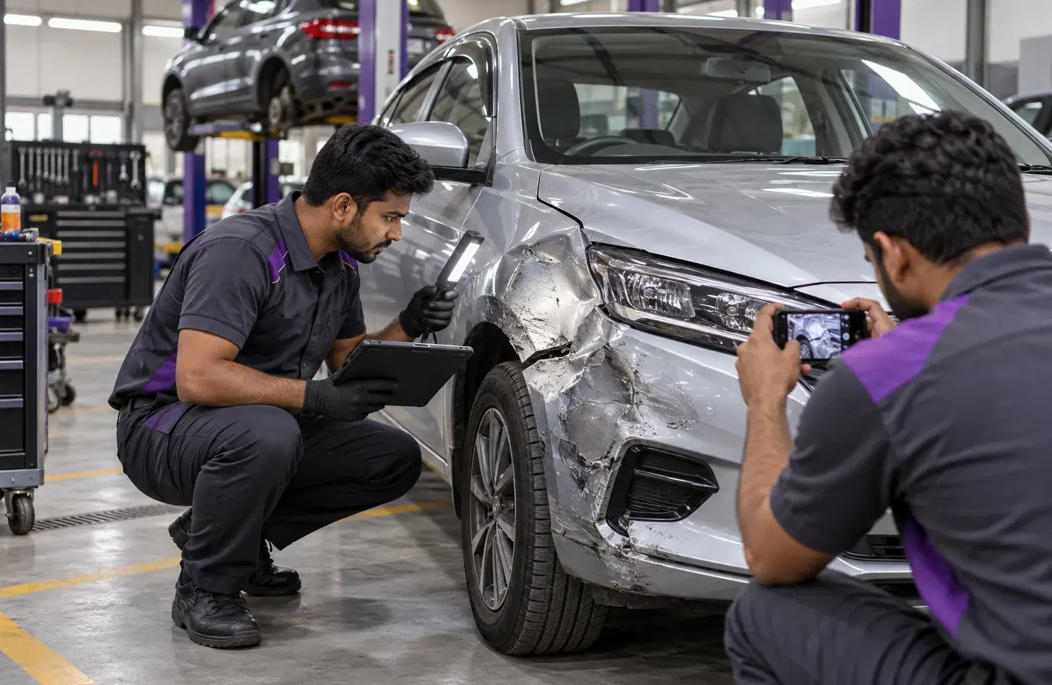 A technician inspecting an accident-damaged car at a partner workshop