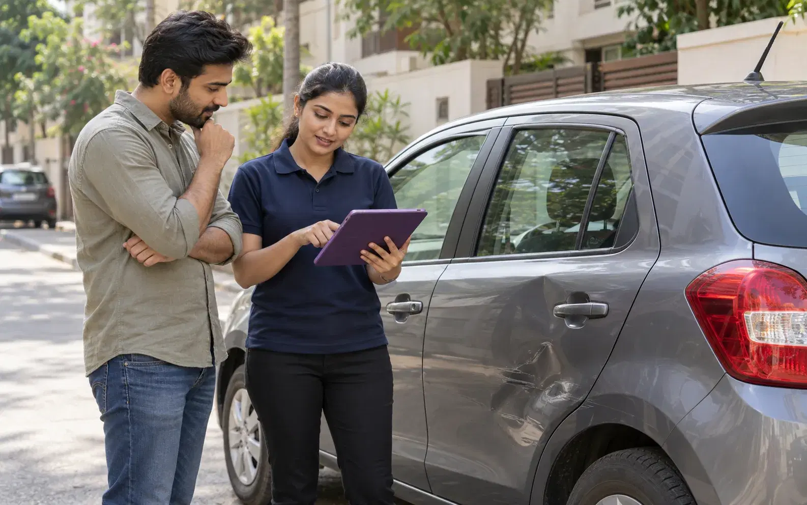 A car owner reviewing an accident claim with a MechPro representative